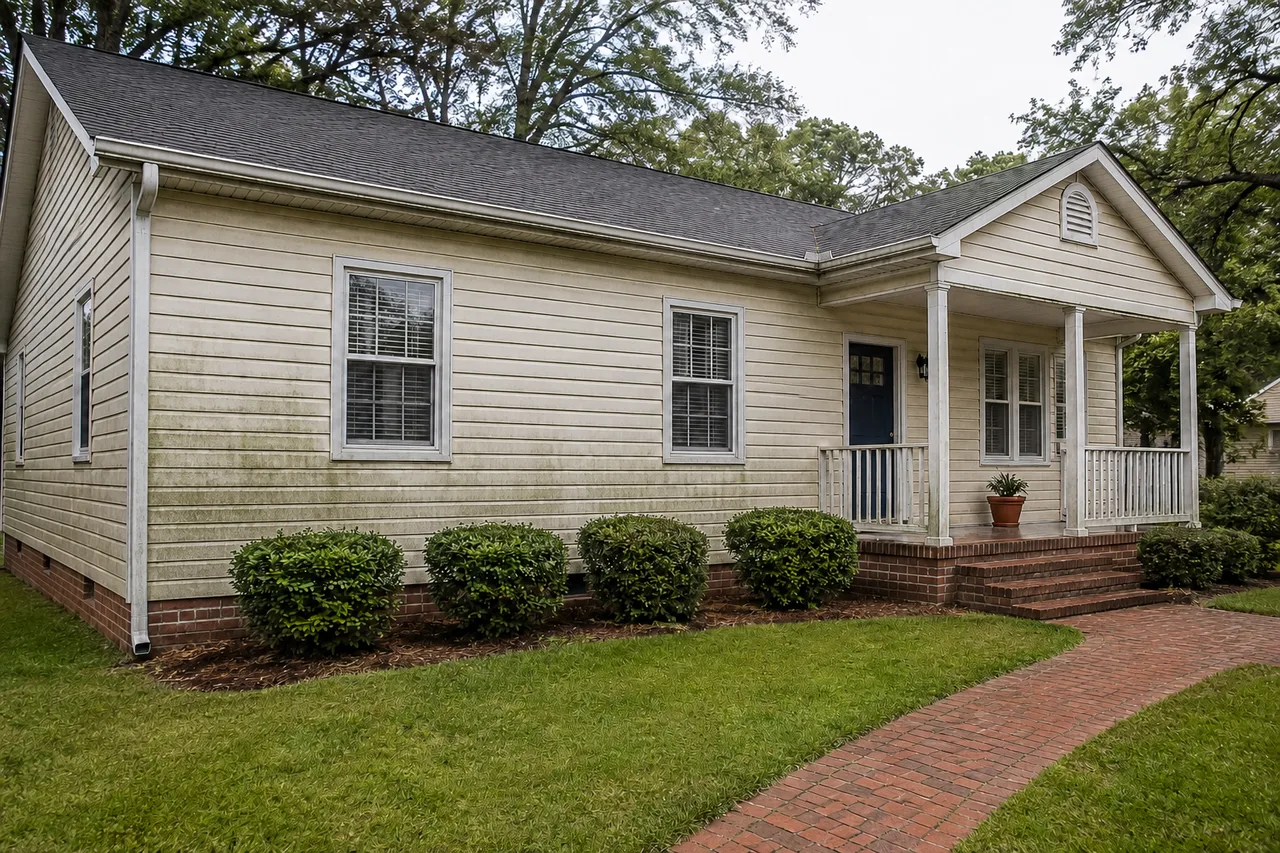 Sample image: ivory house siding with green growth and a gray film