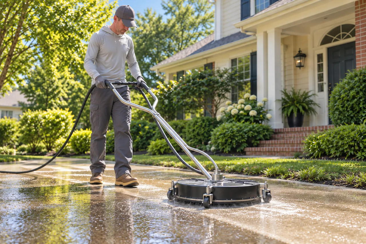 Ben McClelland cleaning a driveway with a surface cleaner