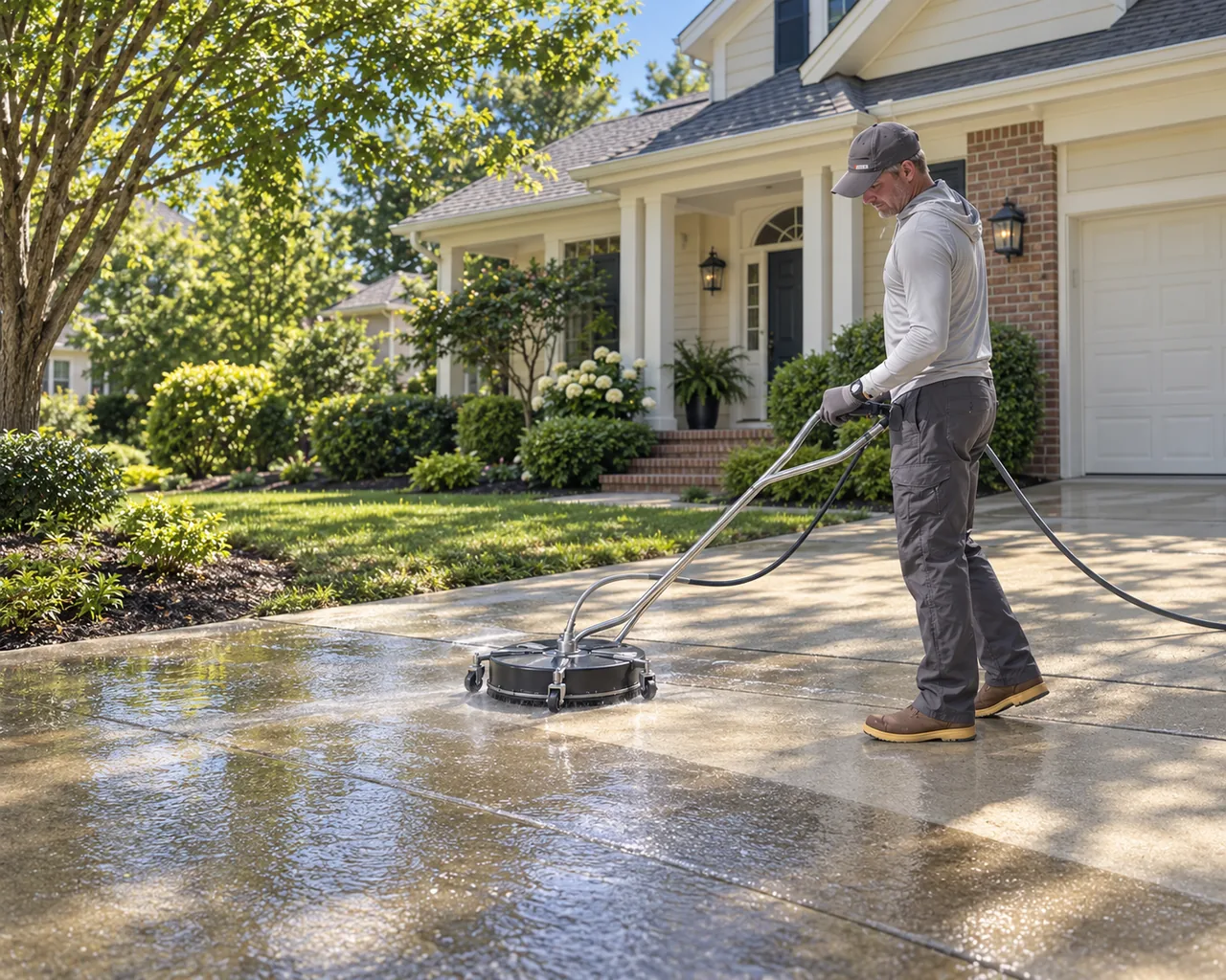 Ben McClelland, founder of Greensward, cleaning a concrete driveway with a surface cleaner