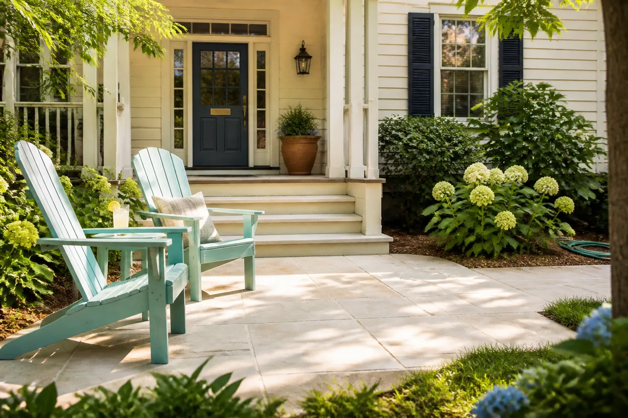 Aqua porch chairs beside a freshly cleaned patio